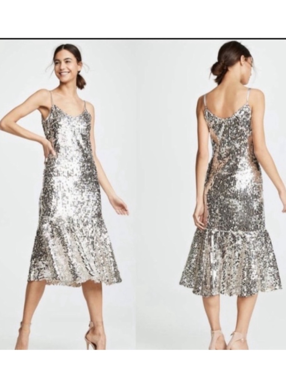 Veronica Beard Silver Sequin Slip Midi Dress